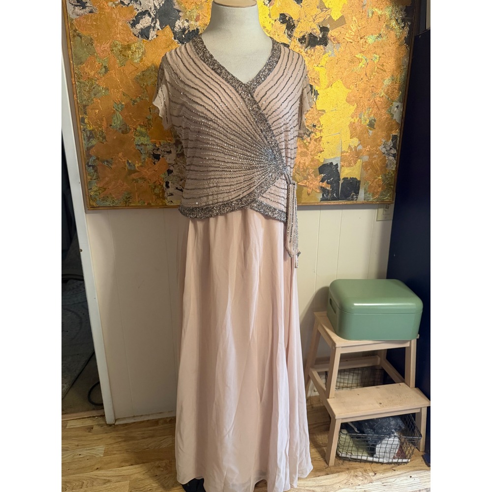 J Kara Faux Wrap Blush Pink Silver Beaded Formal Maxi Dress Size 14